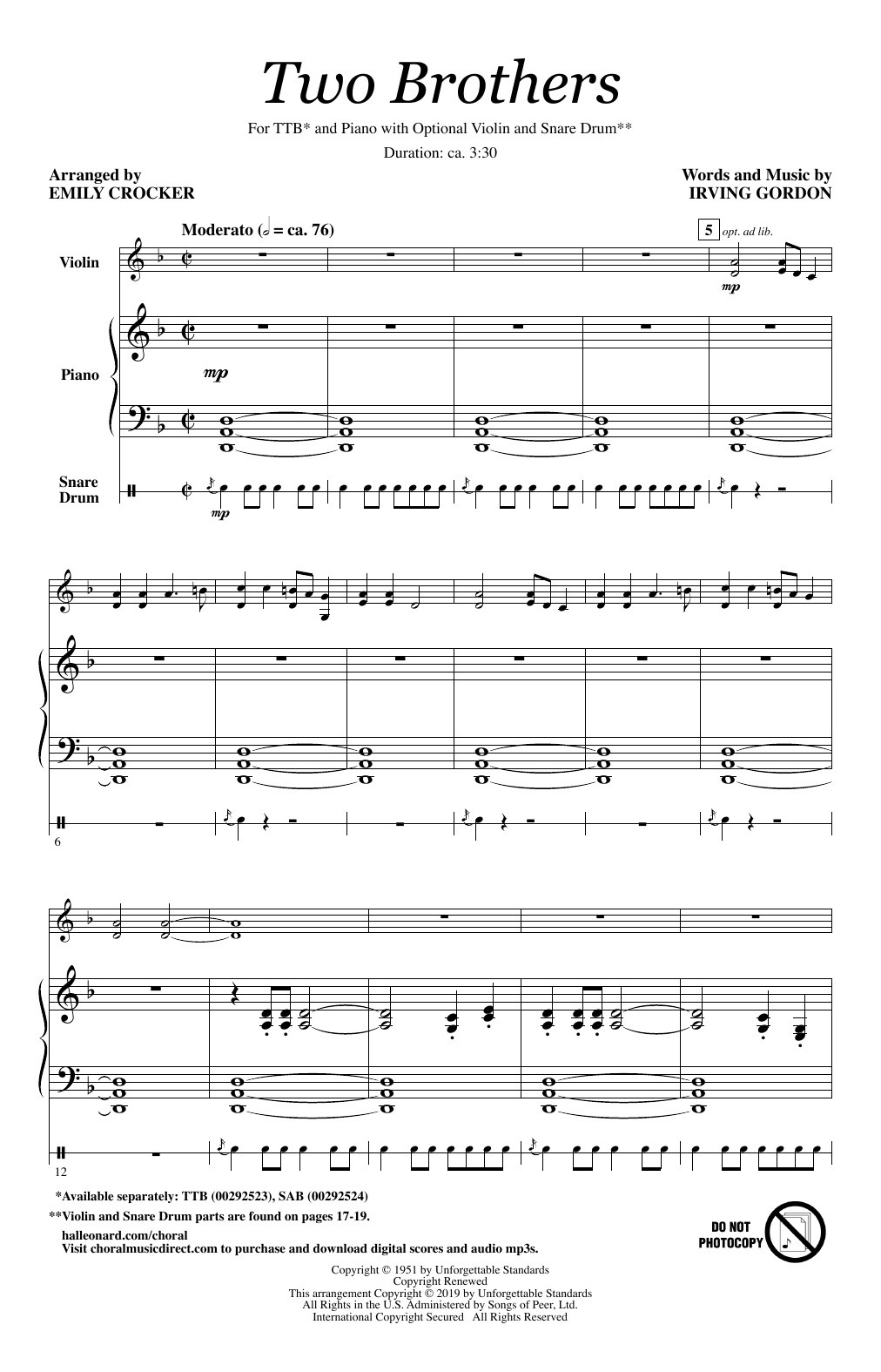 Irving Gordon Two Brothers (arr. Emily Crocker) Sheet Music Notes & Chords for TTBB Choir - Download or Print PDF