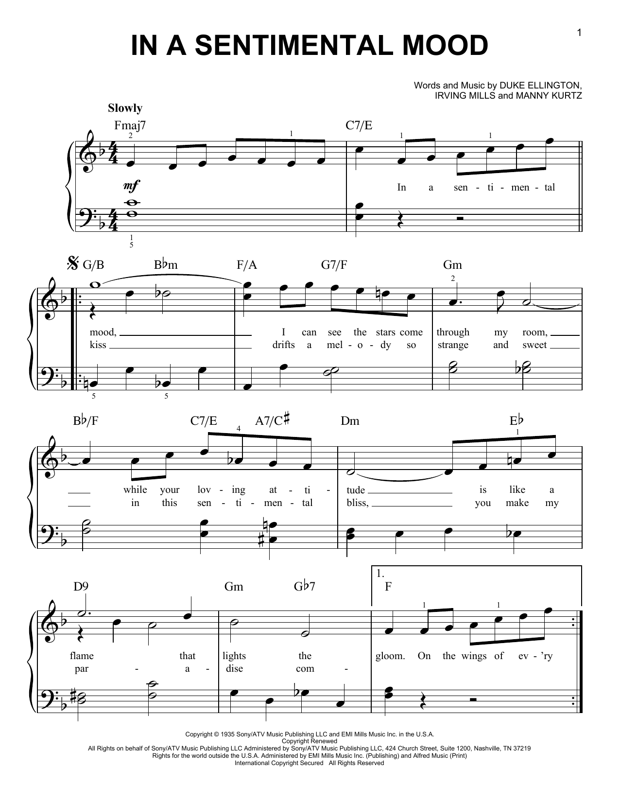 Irving Mills In A Sentimental Mood Sheet Music Notes & Chords for Easy Piano - Download or Print PDF