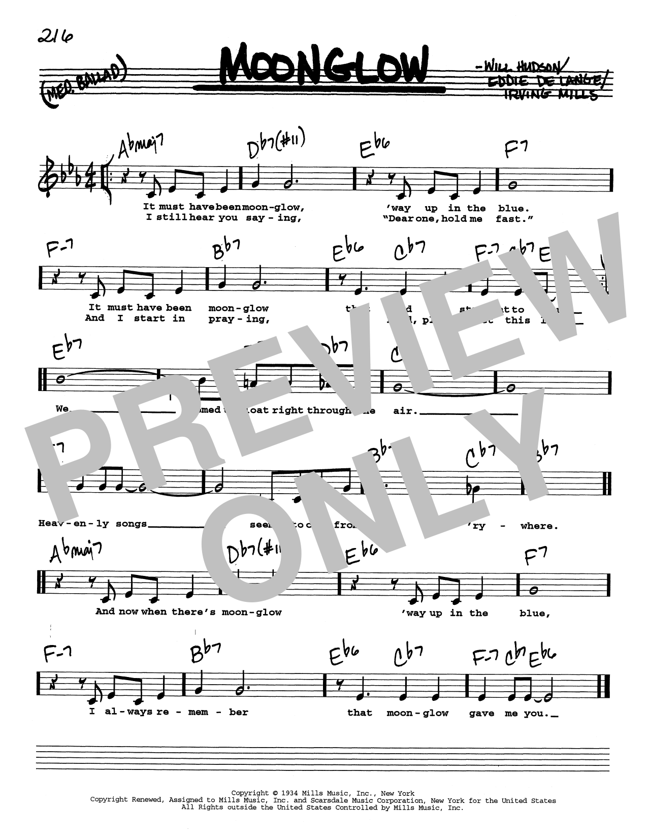 Irving Mills Moonglow (Low Voice) Sheet Music Notes & Chords for Real Book – Melody, Lyrics & Chords - Download or Print PDF