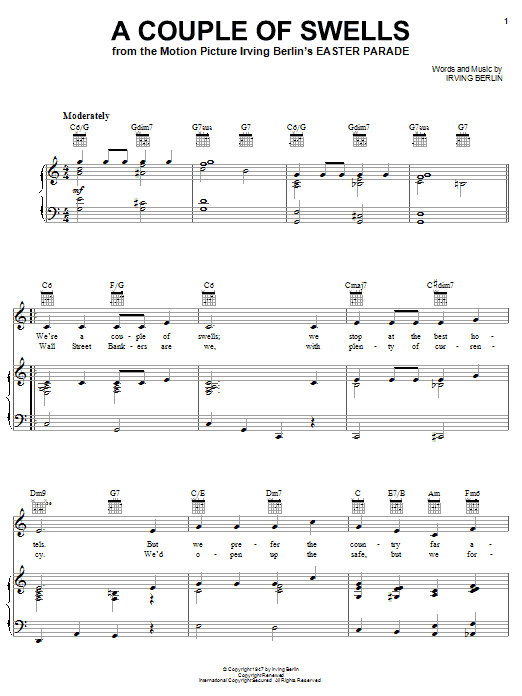 Preview Irving Berlin A Couple Of Swells Standards sheet music, notes and chords for Piano, Vocal & Guitar (Right-Hand Melody), SKU: 57160 A Couple Of Swells sheet music