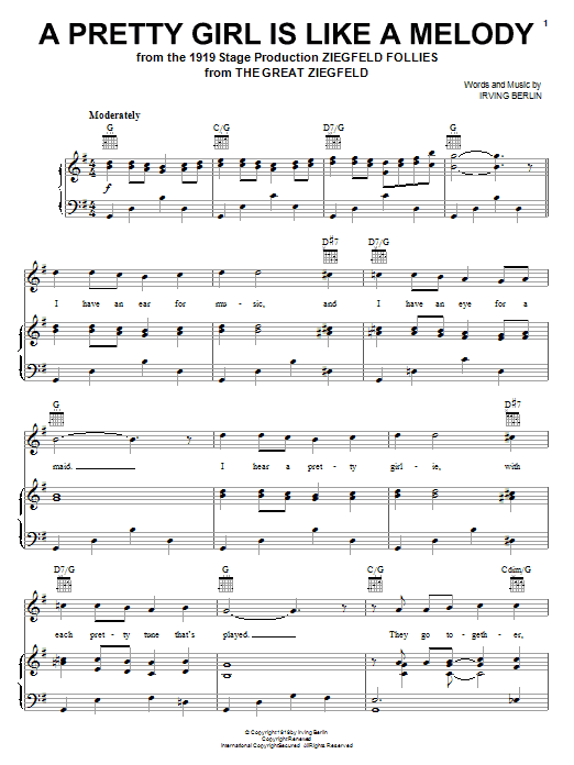 Preview Irving Berlin A Pretty Girl Is Like A Melody Pop sheet music, notes and chords for Piano, SKU: 21531 A Pretty Girl Is Like A Melody sheet music