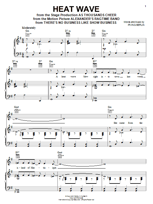 Preview Irving Berlin Heat Wave Jazz sheet music, notes and chords for Real Book – Melody & Chords, SKU: 60422 Heat Wave sheet music