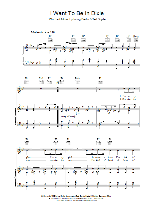 Preview Irving Berlin I Want To Be In Dixie Pop sheet music, notes and chords for Piano, Vocal & Guitar (Right-Hand Melody), SKU: 37042 I Want To Be In Dixie sheet music