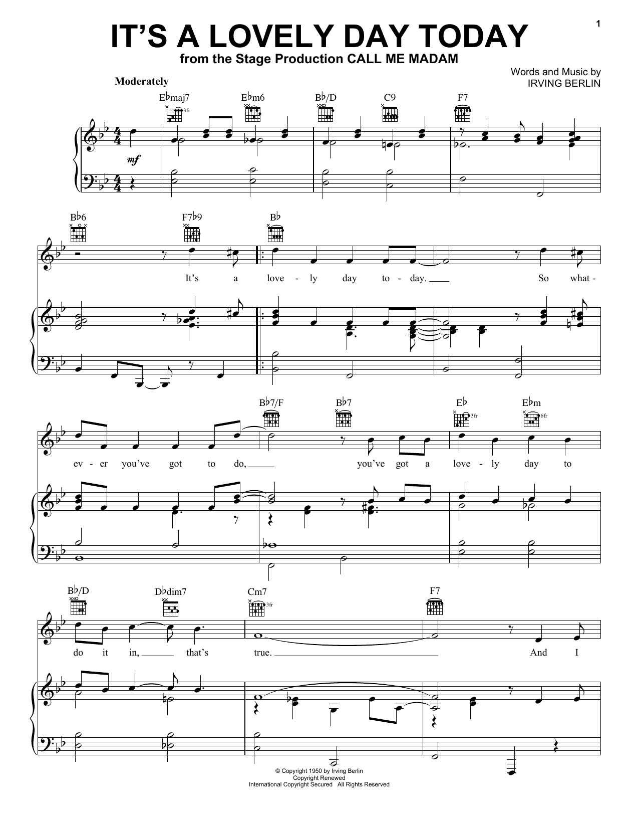 Preview Irving Berlin It's A Lovely Day Today Broadway sheet music, notes and chords for Piano, SKU: 64427 It's A Lovely Day Today sheet music