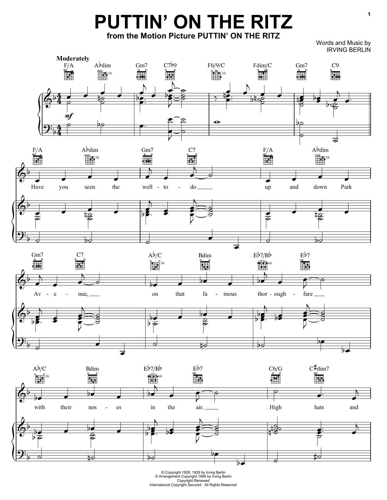 Preview Irving Berlin Puttin' On The Ritz Jazz sheet music, notes and chords for Voice, SKU: 183035 Puttin' On The Ritz sheet music