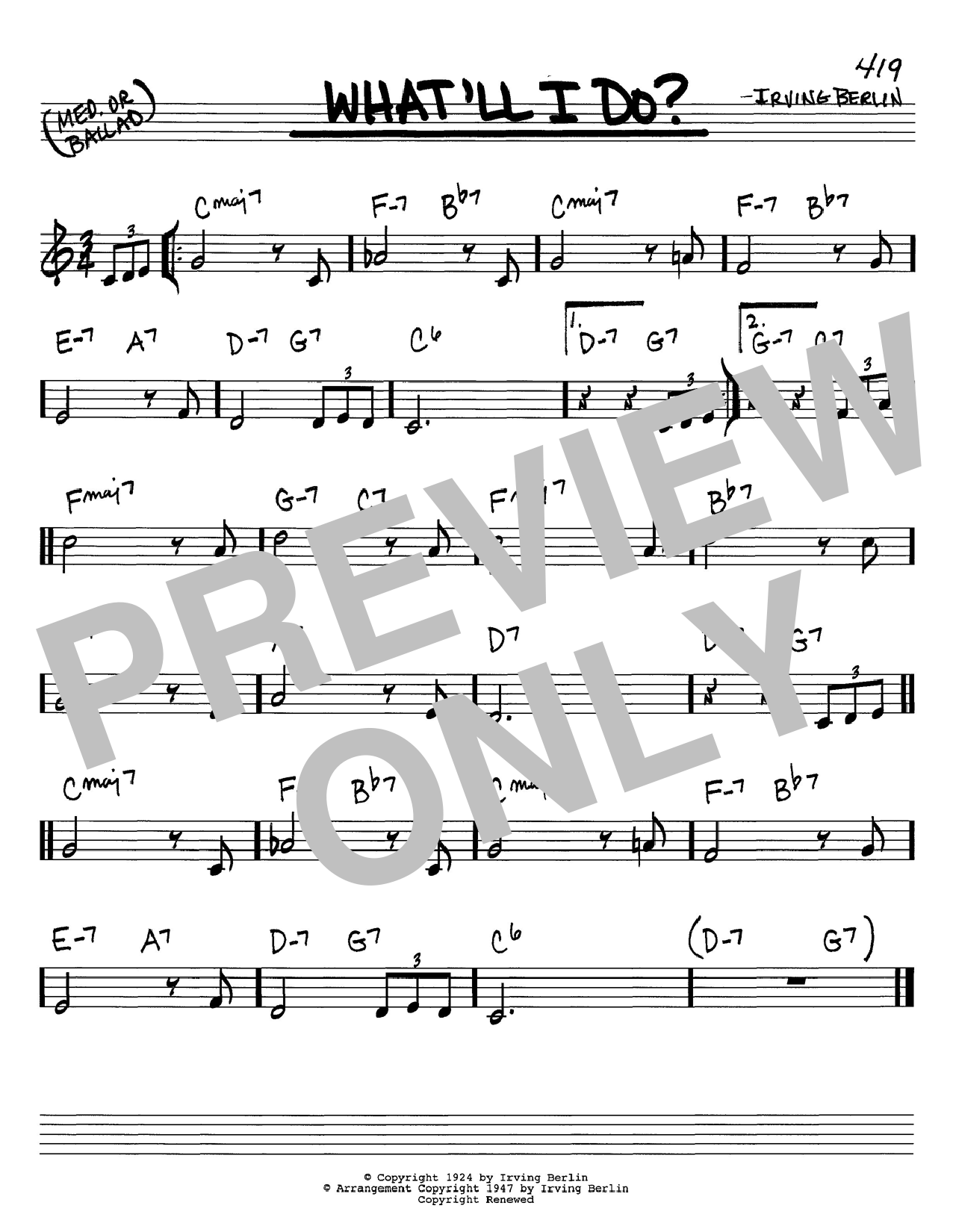 Preview Irving Berlin What'll I Do Jazz sheet music, notes and chords for Real Book - Melody, Lyrics & Chords - C Instruments, SKU: 61072 What'll I Do sheet music