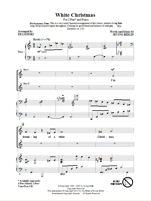Preview Irving Berlin White Christmas (arr. Ed Lojeski) Concert sheet music, notes and chords for 3-Part Mixed, SKU: 75073 White Christmas (arr. Ed Lojeski) sheet music