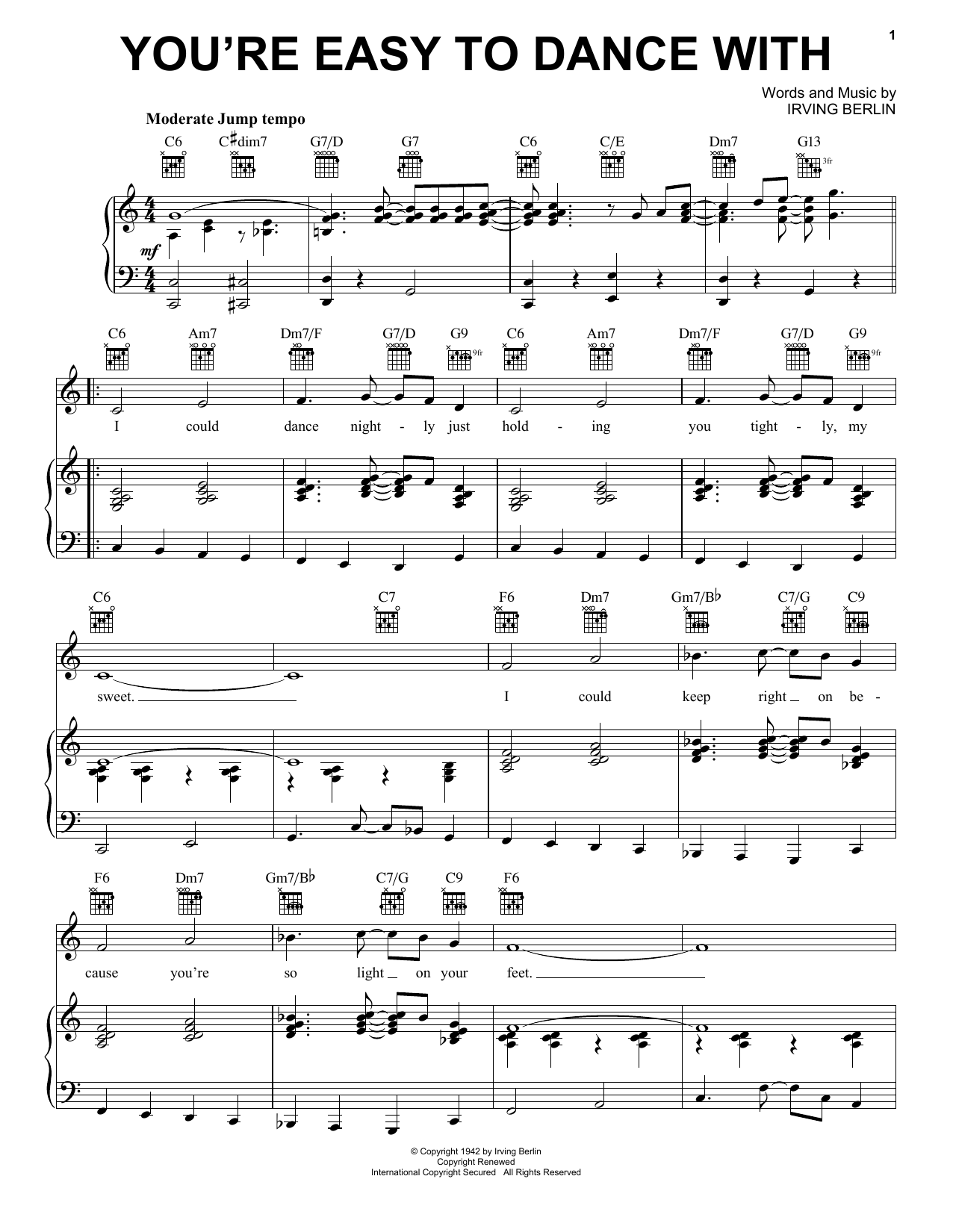 Preview Irving Berlin You're Easy To Dance With Broadway sheet music, notes and chords for Piano, Vocal & Guitar (Right-Hand Melody), SKU: 174740 You're Easy To Dance With sheet music