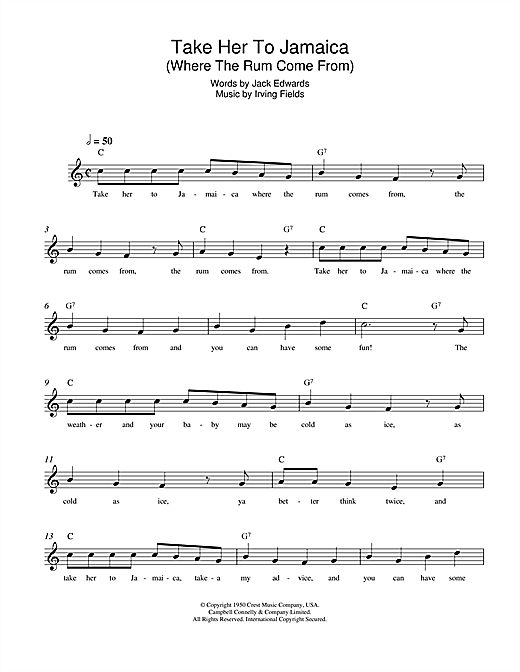 Preview Irving Fields Take Her To Jamaica (Where The Rum Come From) Pop sheet music, notes and chords for Piano, Vocal & Guitar (Right-Hand Melody), SKU: 37423 Take Her To Jamaica (Where The Rum Come From) sheet music