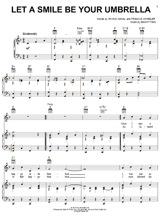 Preview Irving Kahal Let A Smile Be Your Umbrella Jazz sheet music, notes and chords for Piano, Vocal & Guitar (Right-Hand Melody), SKU: 24158 sheet music, piano notes, chords, guitar tabs, score, transpose, transcribe, how to play, guide, download, learn, tutorial, progression, song, artist, awards, billboard, mtv, vh1, tour, single, album, release