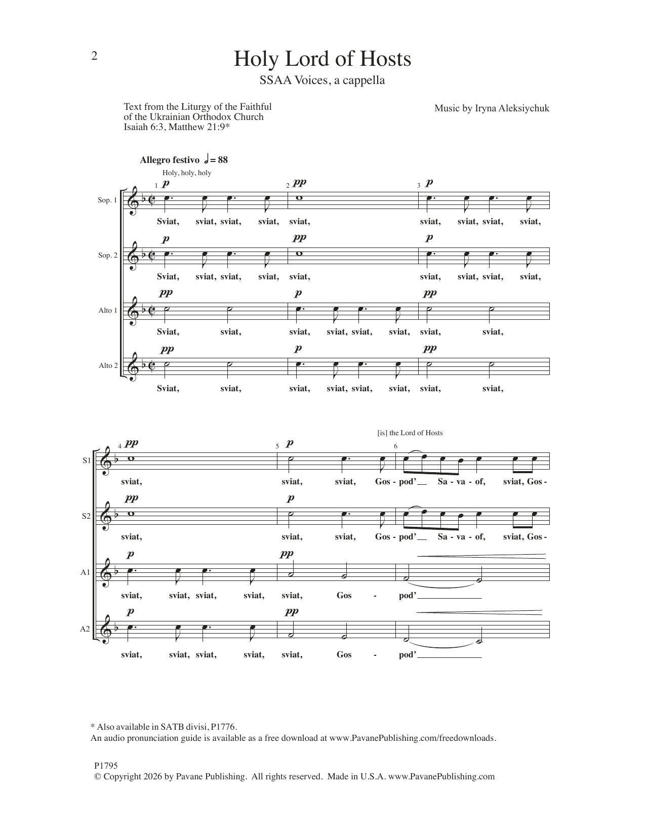 Iryna Aleksiychuk Holy Lord Of Hosts Sheet Music Notes & Chords for SSAA Choir - Download or Print PDF