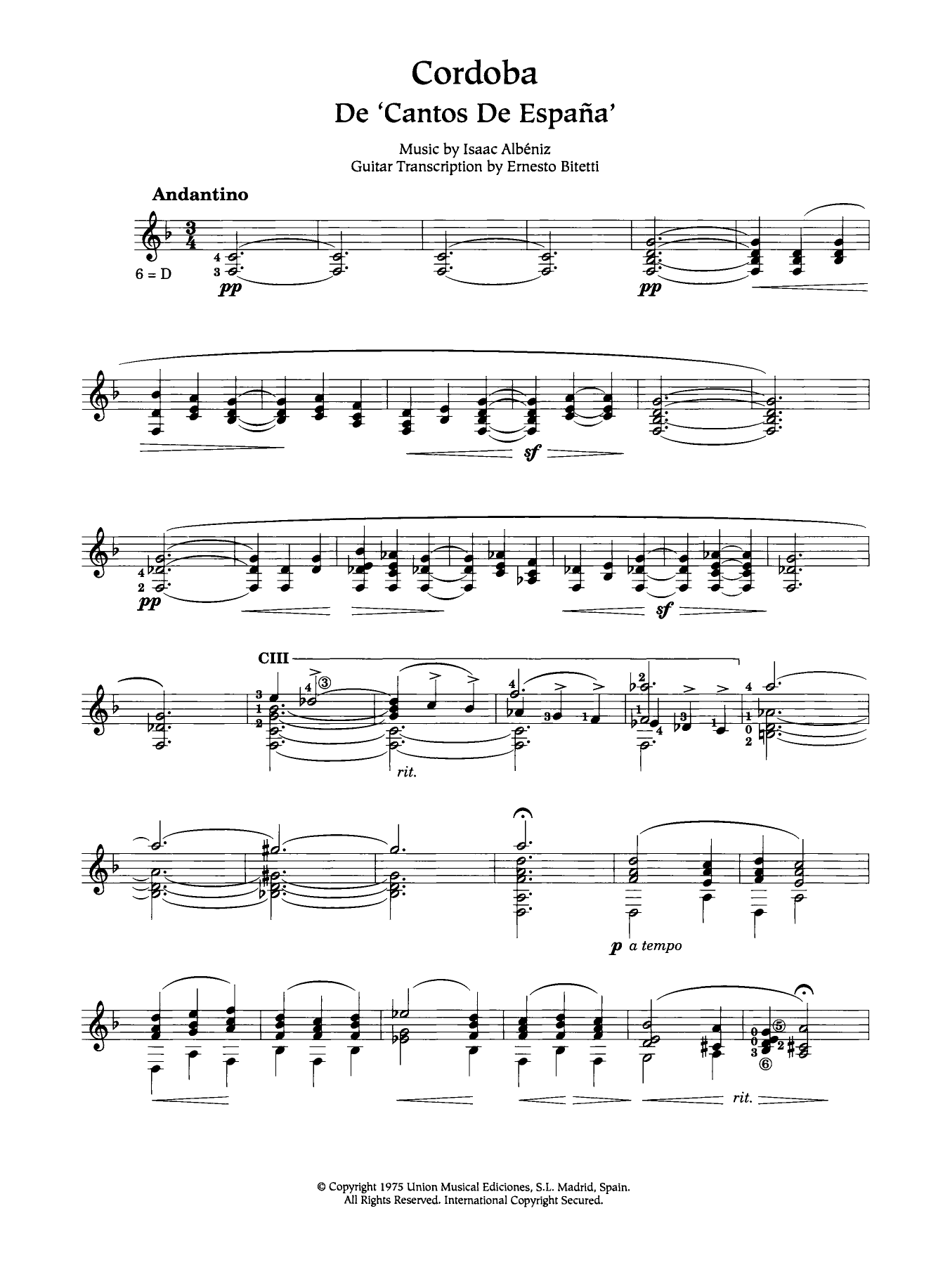 Isaac Albéniz Cordoba Sheet Music Notes & Chords for Piano Solo - Download or Print PDF