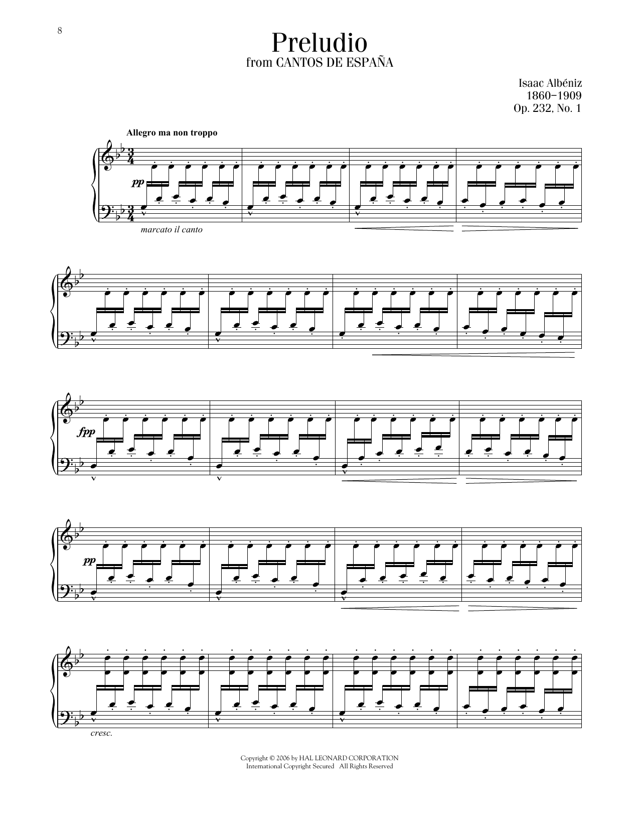 Isaac Albeniz Prelude, Op. 232, No. 1 Sheet Music Notes & Chords for Piano Solo - Download or Print PDF