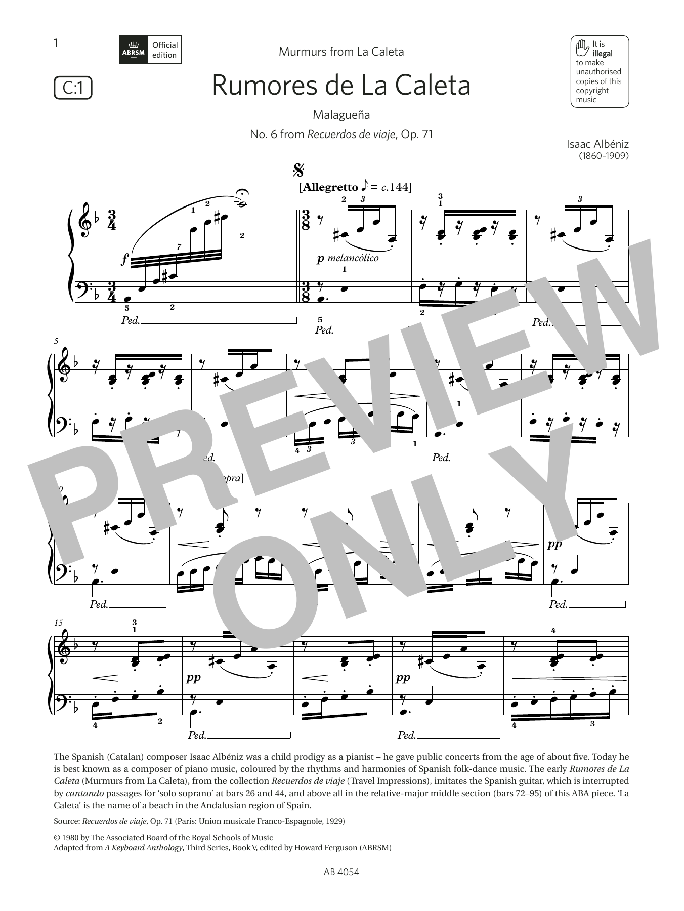 Isaac Albéniz Rumores de La Caleta (Grade 8, list C1, from the ABRSM Piano Syllabus 2023 & 2024) Sheet Music Notes & Chords for Piano Solo - Download or Print PDF