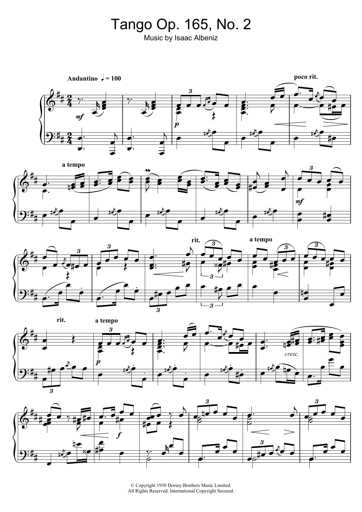 Isaac Albéniz Tango Op. 165, No. 2 Sheet Music Notes & Chords for Piano - Download or Print PDF