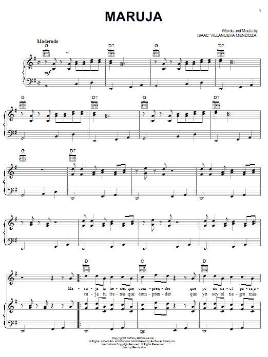 Isaac Villanueva Mendoza Maruja Sheet Music Notes & Chords for Piano, Vocal & Guitar (Right-Hand Melody) - Download or Print PDF