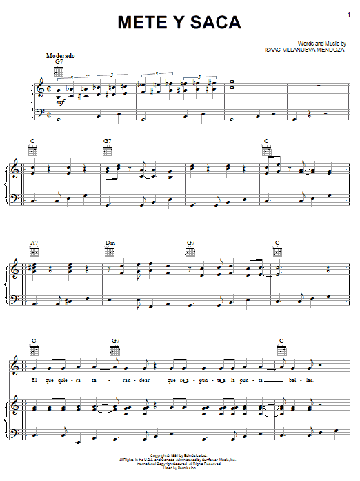 Isaac Villanueva Mendoza Mete Y Saca Sheet Music Notes & Chords for Piano, Vocal & Guitar (Right-Hand Melody) - Download or Print PDF