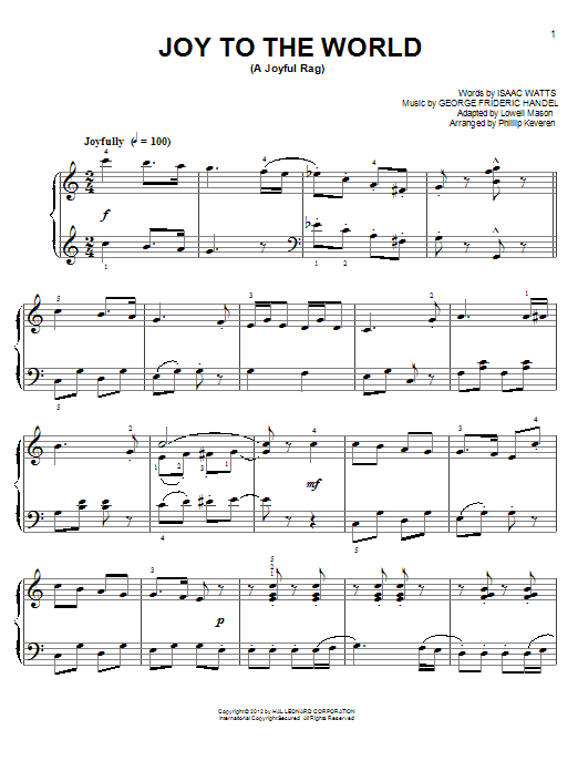 Isaac Watts and George Frideric Handel Joy To The World [Ragtime version] (arr. Phillip Keveren) Sheet Music Notes & Chords for Easy Piano - Download or Print PDF
