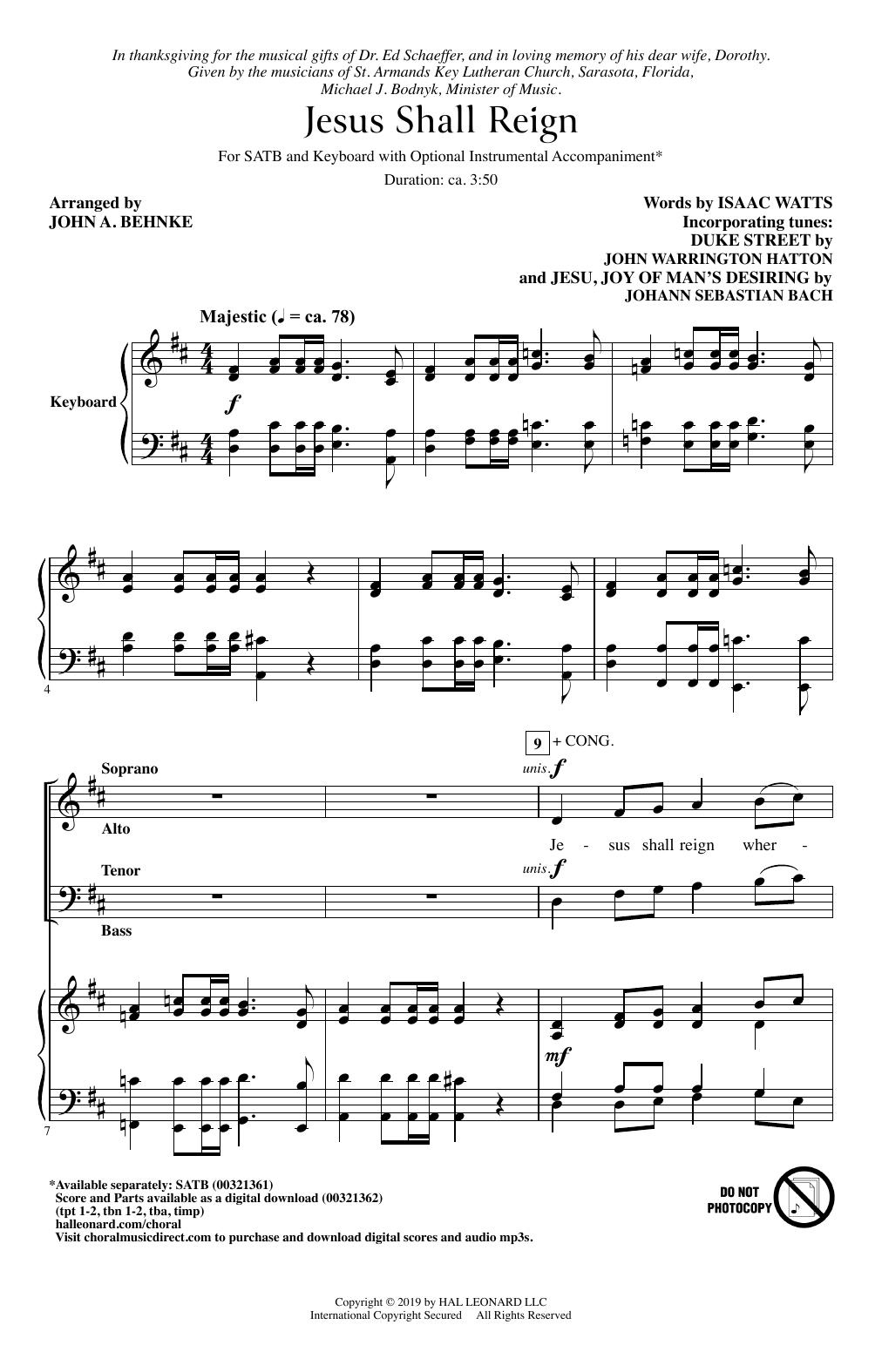 Isaac Watts Jesus Shall Reign (arr. John A. Behnke) Sheet Music Notes & Chords for SATB Choir - Download or Print PDF
