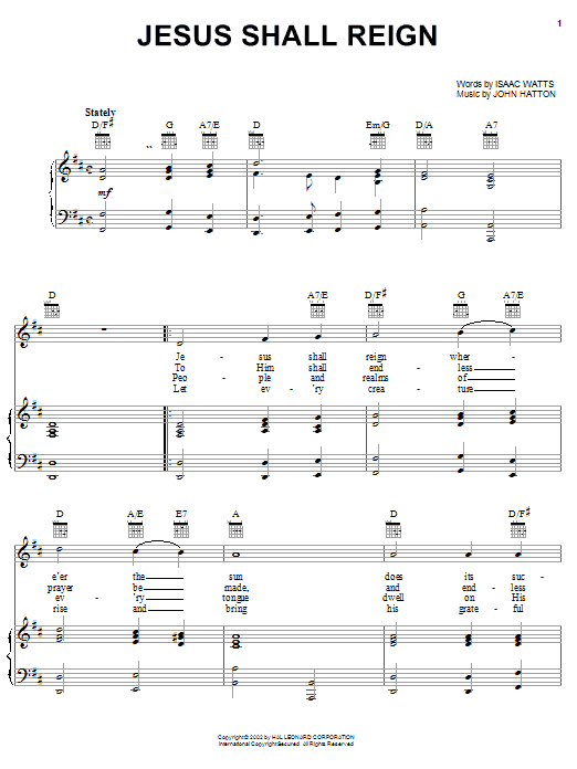 Isaac Watts Jesus Shall Reign (Where'er The Sun) Sheet Music Notes & Chords for Piano, Vocal & Guitar (Right-Hand Melody) - Download or Print PDF