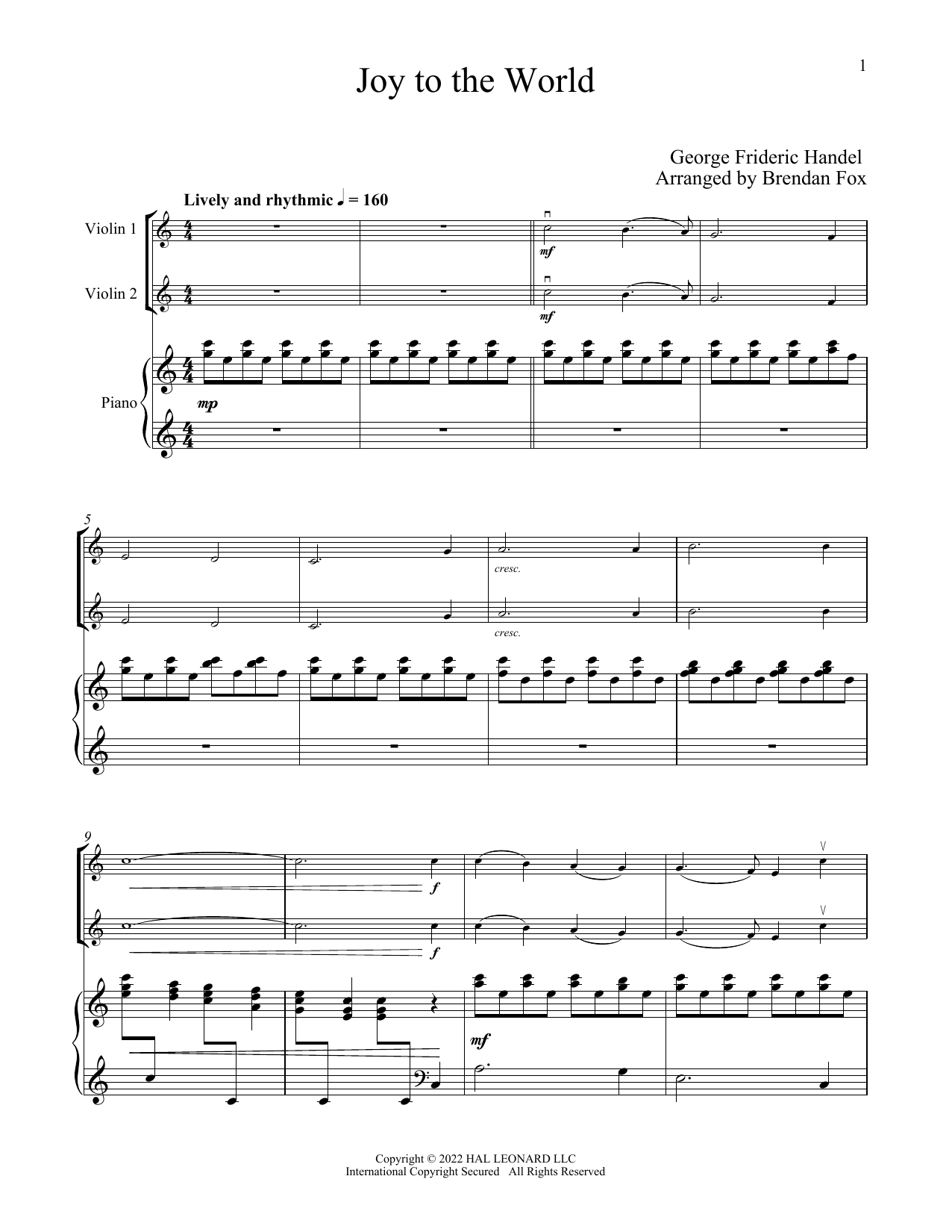 Isaac Watts Joy To The World (for Violin Duet and Piano) Sheet Music Notes & Chords for Violin and Piano - Download or Print PDF