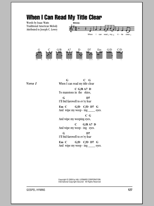 Isaac Watts When I Can Read My Title Clear Sheet Music Notes & Chords for Lyrics & Chords - Download or Print PDF