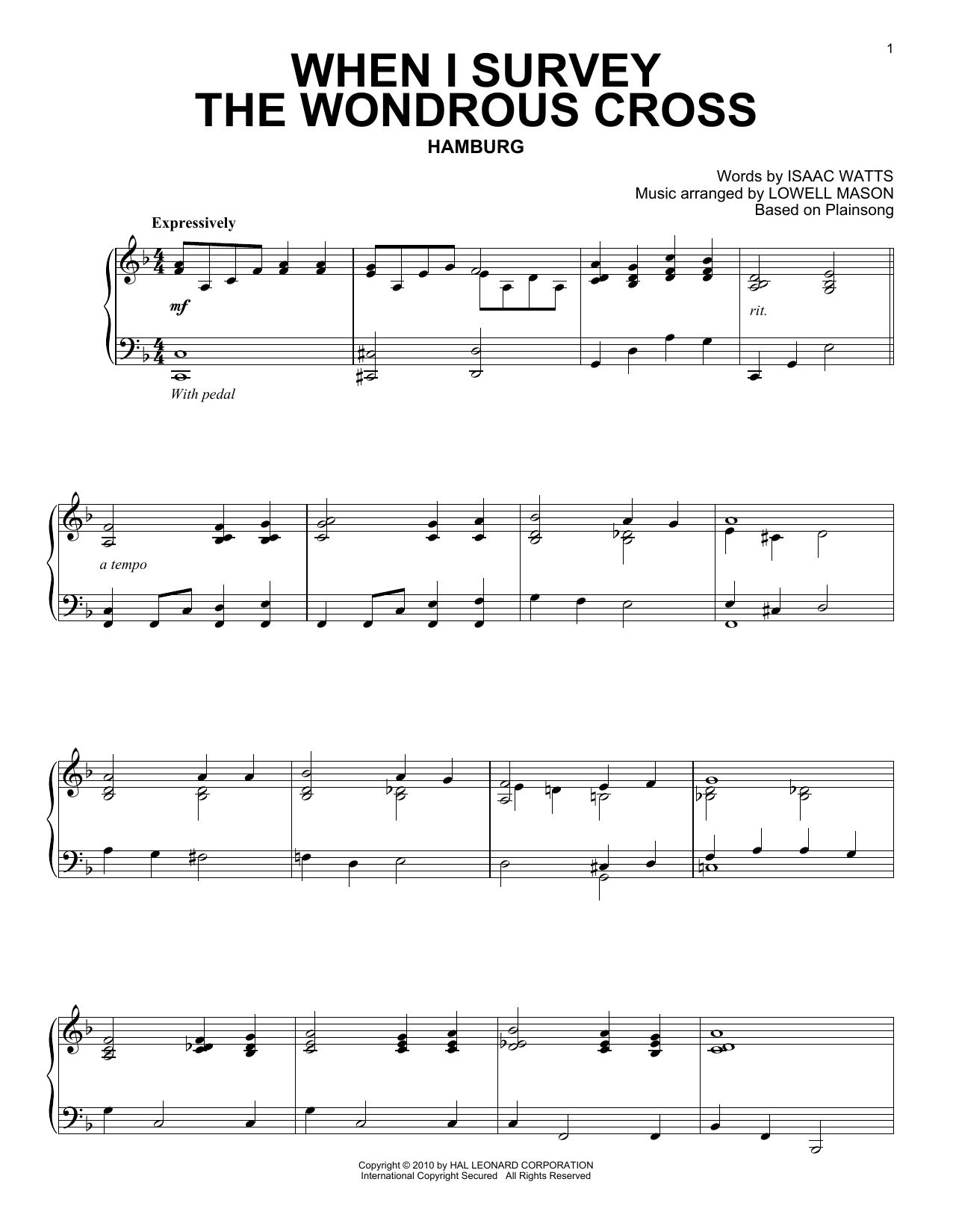 Isaac Watts When I Survey The Wondrous Cross Sheet Music Notes & Chords for Piano - Download or Print PDF