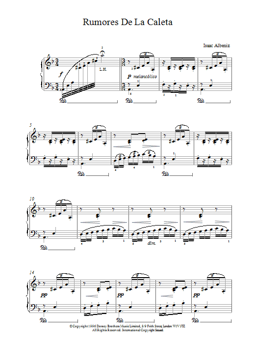 Preview Isaac Albeniz Rumores De La Caleta World sheet music, notes and chords for Piano, SKU: 17948 Rumores De La Caleta sheet music