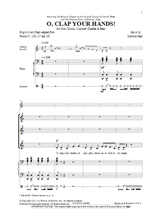 Isabelle Ganz O Clap Your Hands! Sheet Music Notes & Chords for SSA - Download or Print PDF