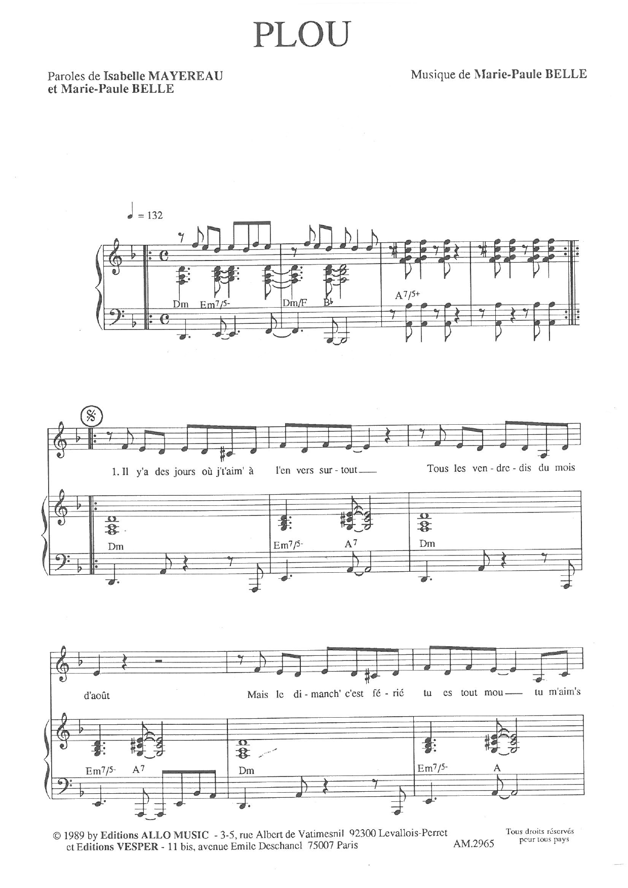 Isabelle Mayereau and Marie Paule Belle Plou Sheet Music Notes & Chords for Piano & Vocal - Download or Print PDF