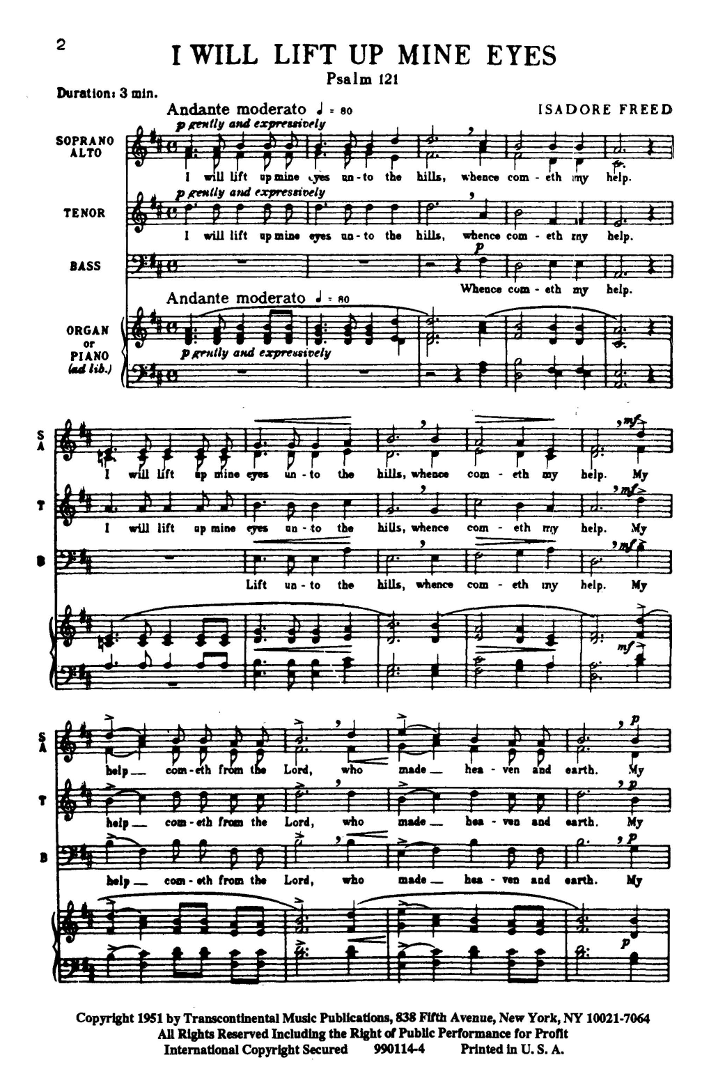 Isadore Freed Psalm 121: I Will Lift Up Mine Eyes (from Three Psalms) Sheet Music Notes & Chords for SATB Choir - Download or Print PDF