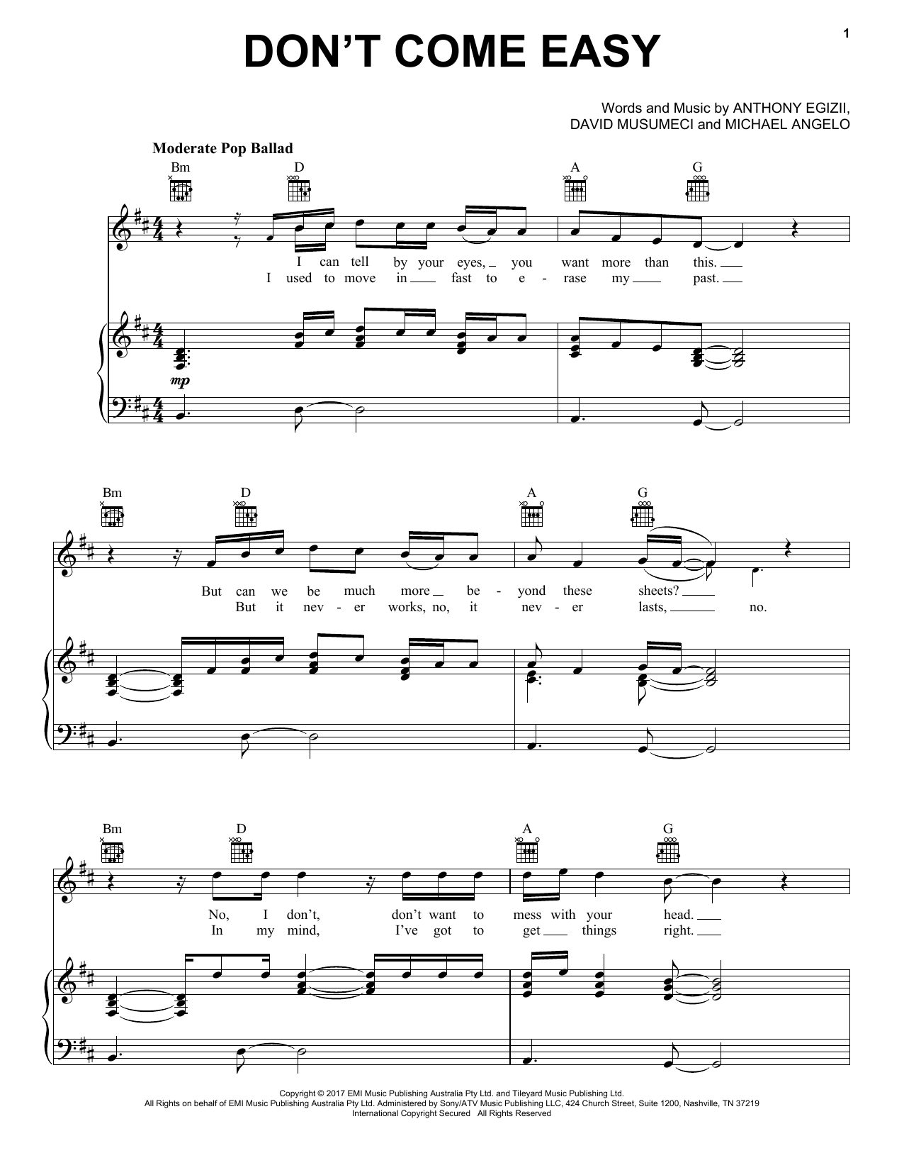 Isaiah Don't Come Easy Sheet Music Notes & Chords for Piano, Vocal & Guitar (Right-Hand Melody) - Download or Print PDF