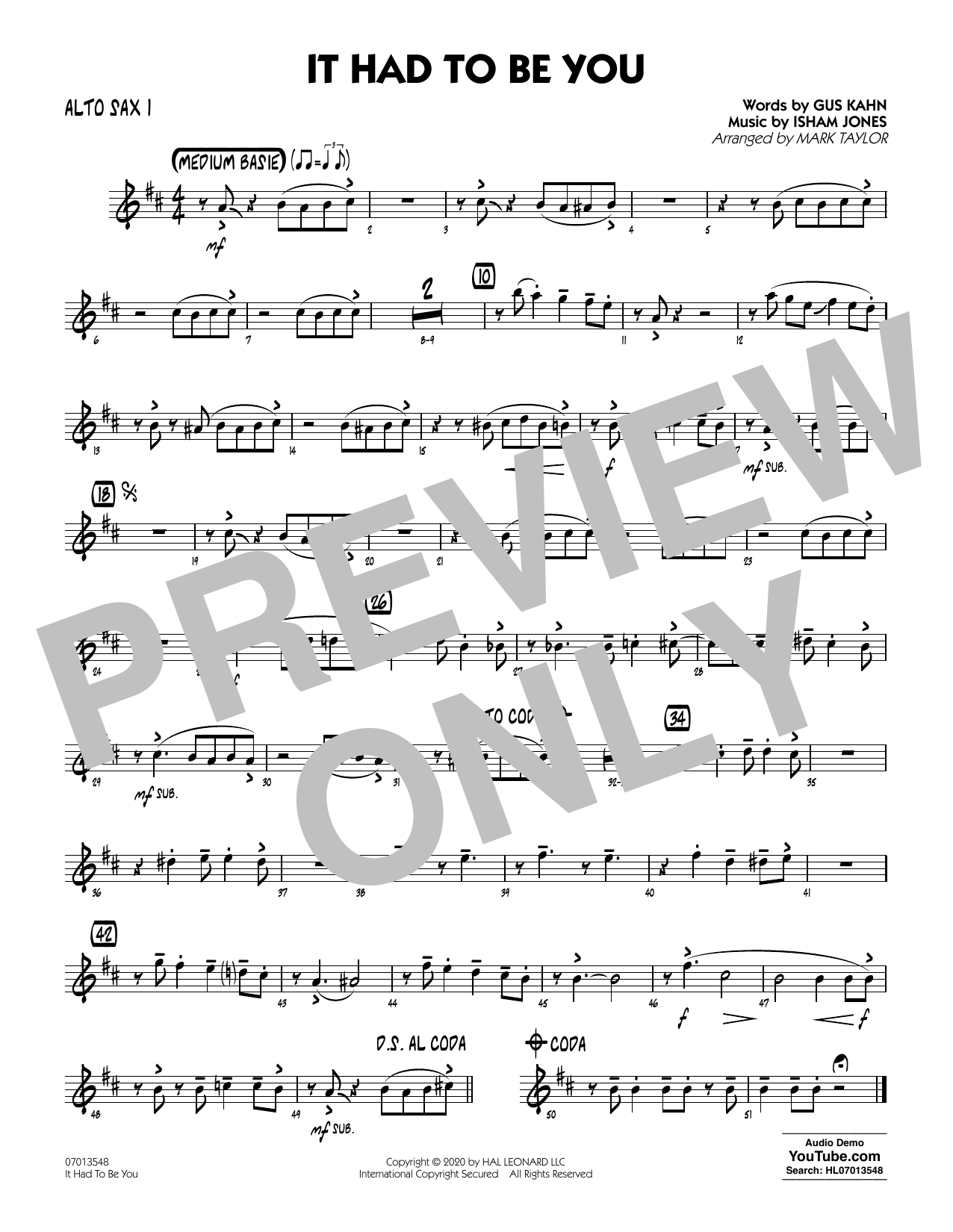 Isham Jones and Gus Kahn It Had to Be You (arr. Mark Taylor) - Alto Sax 1 Sheet Music Notes & Chords for Jazz Ensemble - Download or Print PDF