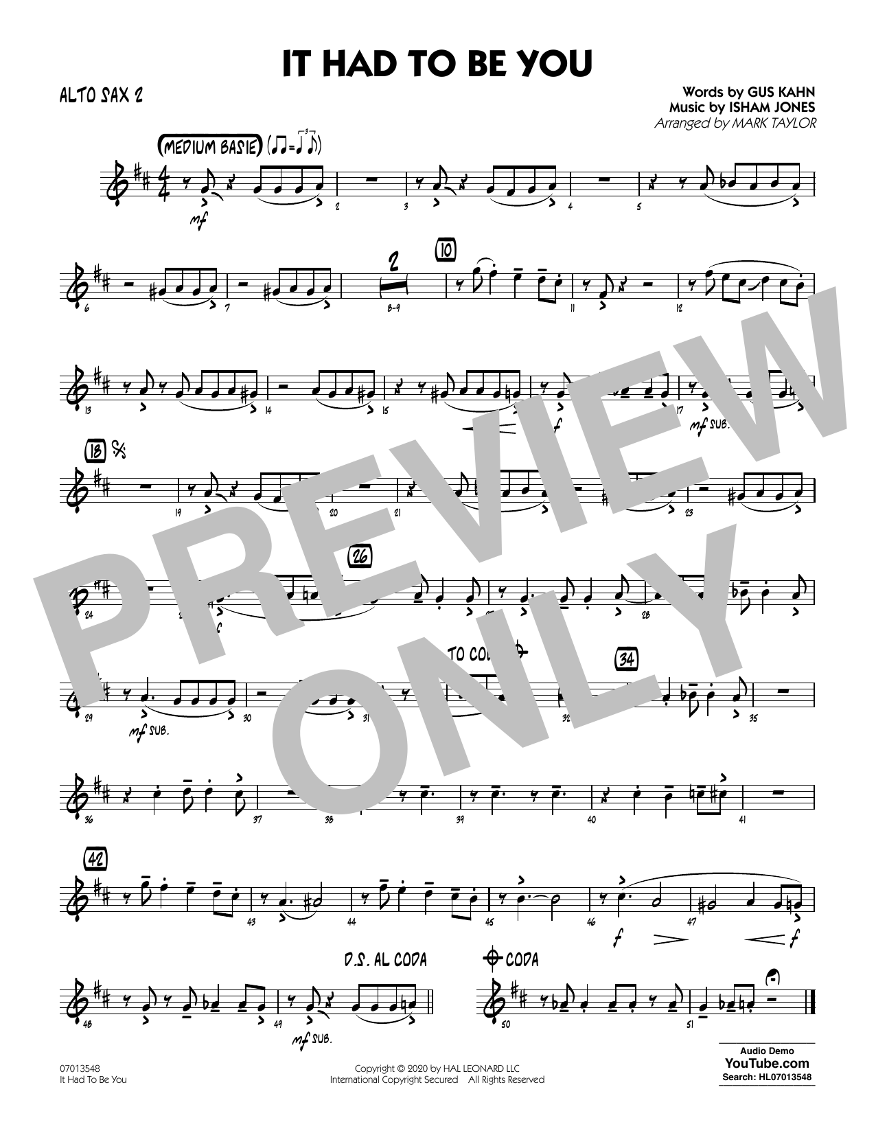 Isham Jones and Gus Kahn It Had to Be You (arr. Mark Taylor) - Alto Sax 2 Sheet Music Notes & Chords for Jazz Ensemble - Download or Print PDF