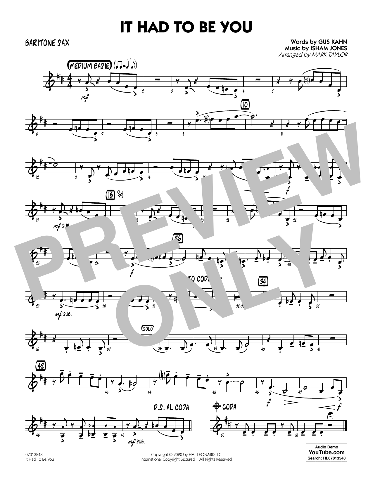 Isham Jones and Gus Kahn It Had to Be You (arr. Mark Taylor) - Baritone Sax Sheet Music Notes & Chords for Jazz Ensemble - Download or Print PDF