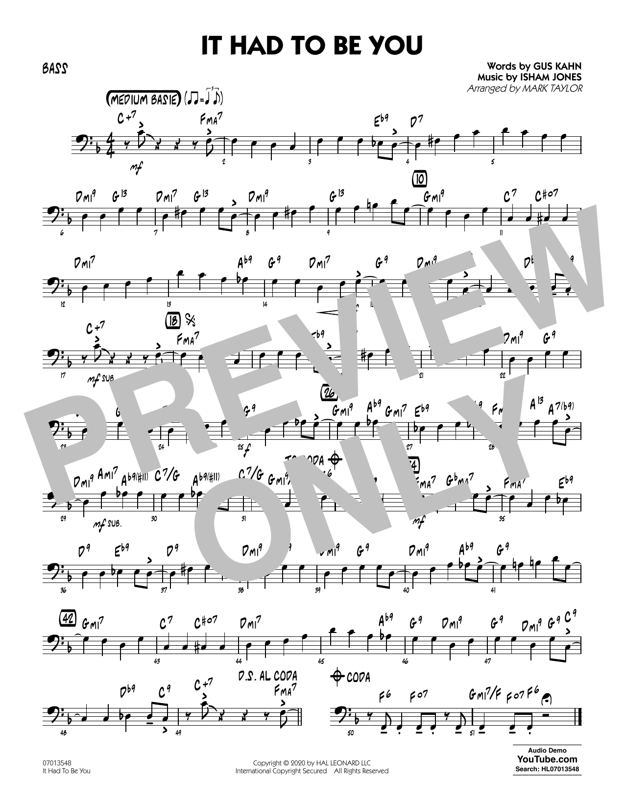 Isham Jones and Gus Kahn It Had to Be You (arr. Mark Taylor) - Bass Sheet Music Notes & Chords for Jazz Ensemble - Download or Print PDF