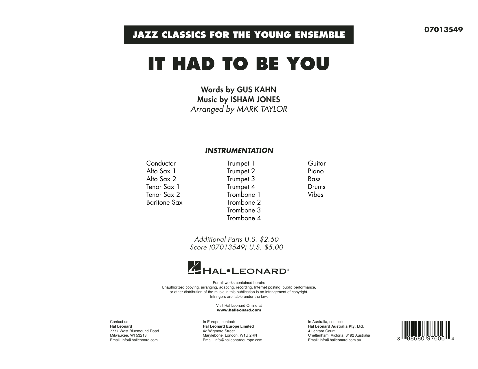Isham Jones and Gus Kahn It Had to Be You (arr. Mark Taylor) - Conductor Score (Full Score) Sheet Music Notes & Chords for Jazz Ensemble - Download or Print PDF