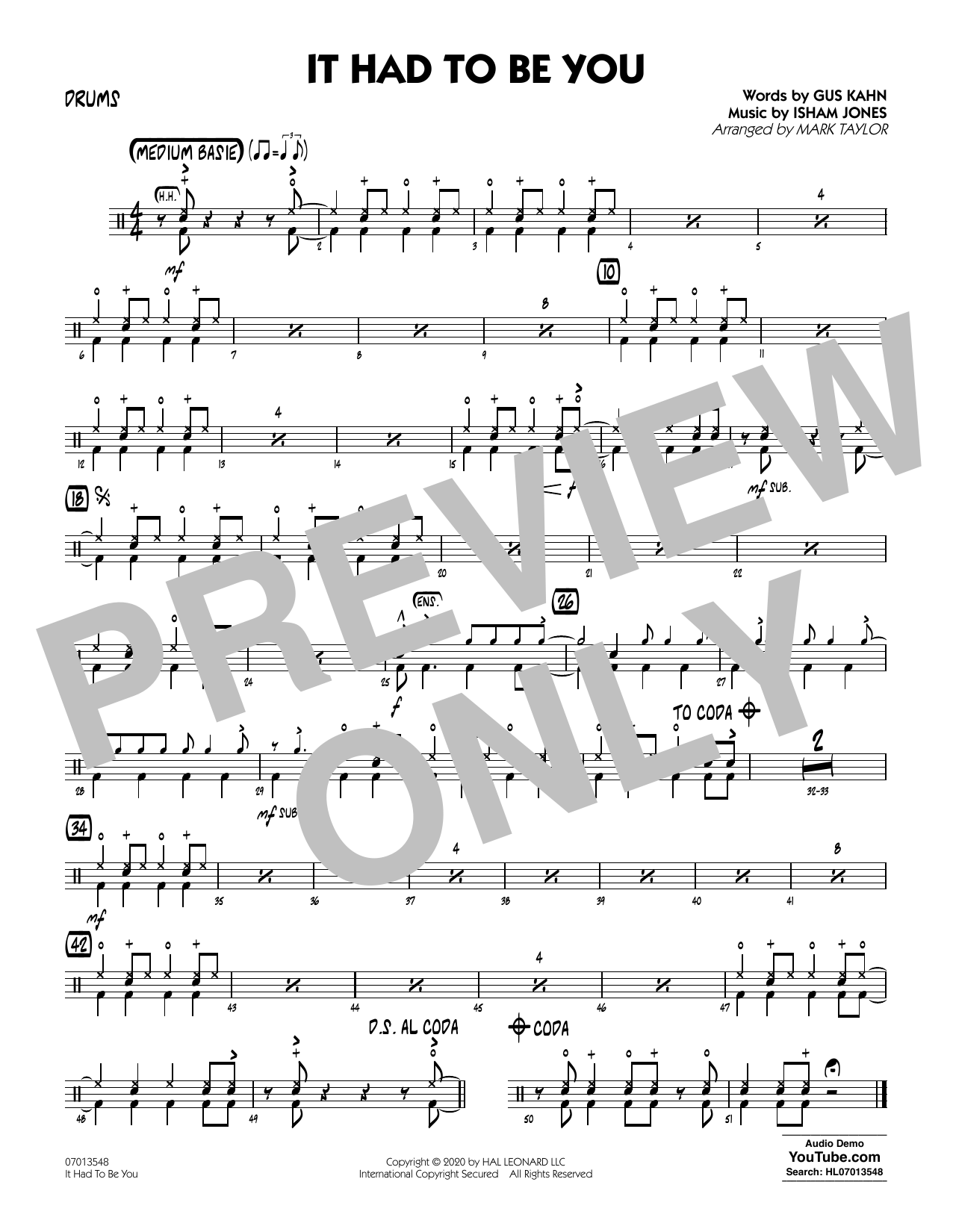 Isham Jones and Gus Kahn It Had to Be You (arr. Mark Taylor) - Drums Sheet Music Notes & Chords for Jazz Ensemble - Download or Print PDF