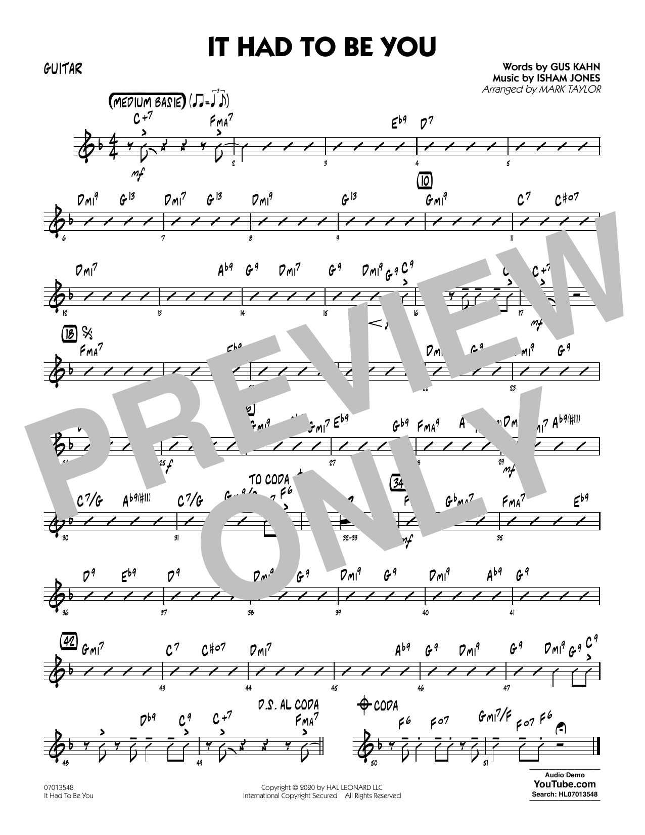 Isham Jones and Gus Kahn It Had to Be You (arr. Mark Taylor) - Guitar Sheet Music Notes & Chords for Jazz Ensemble - Download or Print PDF