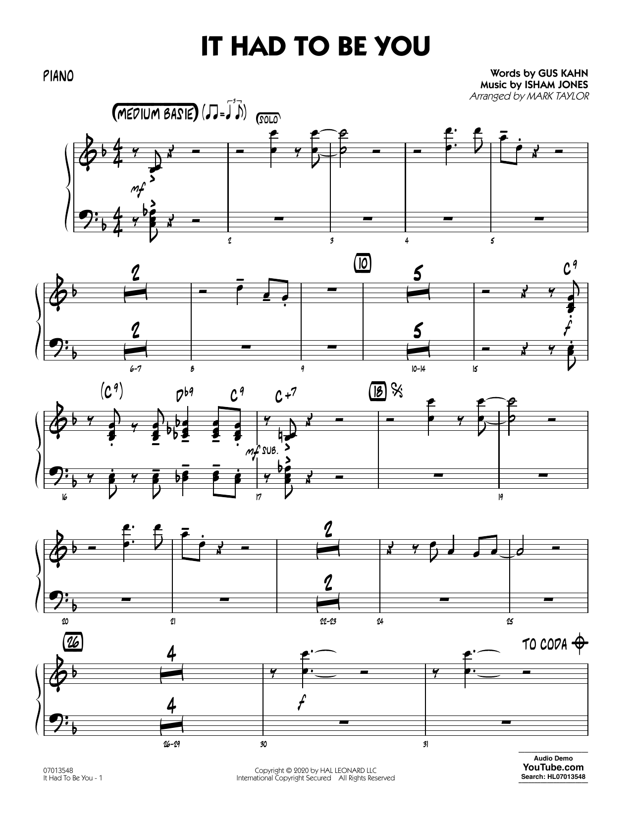 Isham Jones and Gus Kahn It Had to Be You (arr. Mark Taylor) - Piano Sheet Music Notes & Chords for Jazz Ensemble - Download or Print PDF