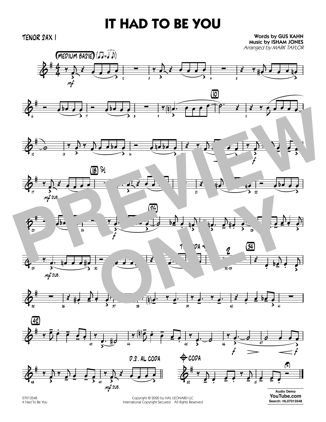 Isham Jones and Gus Kahn It Had to Be You (arr. Mark Taylor) - Tenor Sax 1 Sheet Music Notes & Chords for Jazz Ensemble - Download or Print PDF