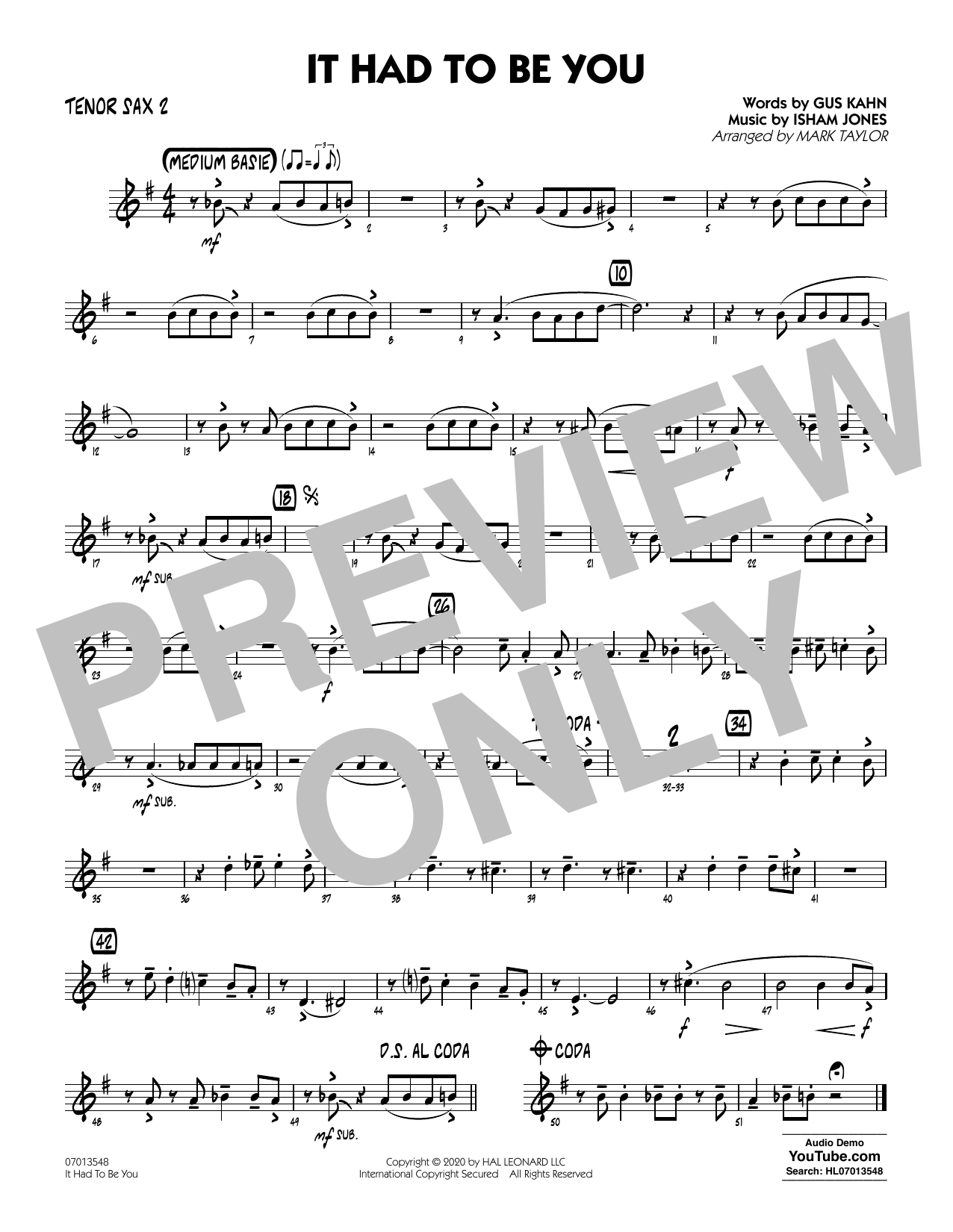 Isham Jones and Gus Kahn It Had to Be You (arr. Mark Taylor) - Tenor Sax 2 Sheet Music Notes & Chords for Jazz Ensemble - Download or Print PDF