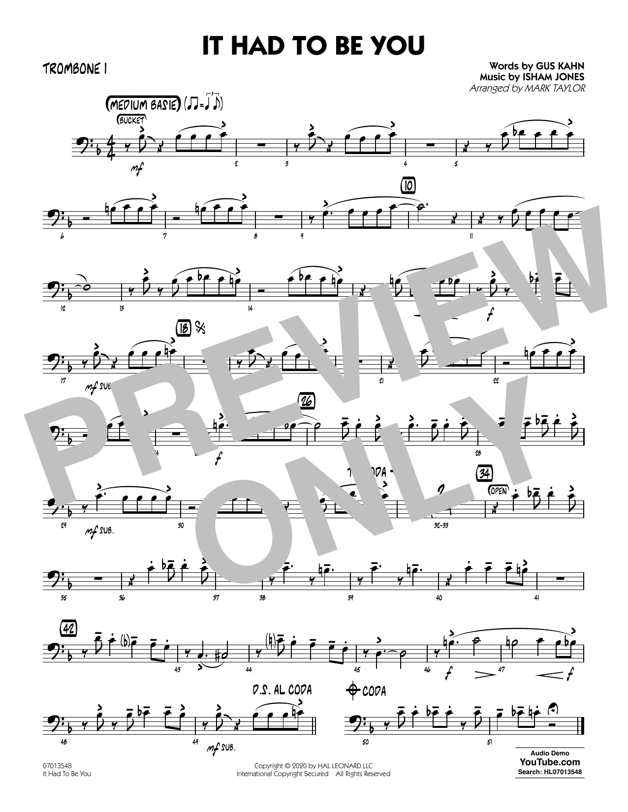 Isham Jones and Gus Kahn It Had to Be You (arr. Mark Taylor) - Trombone 1 Sheet Music Notes & Chords for Jazz Ensemble - Download or Print PDF