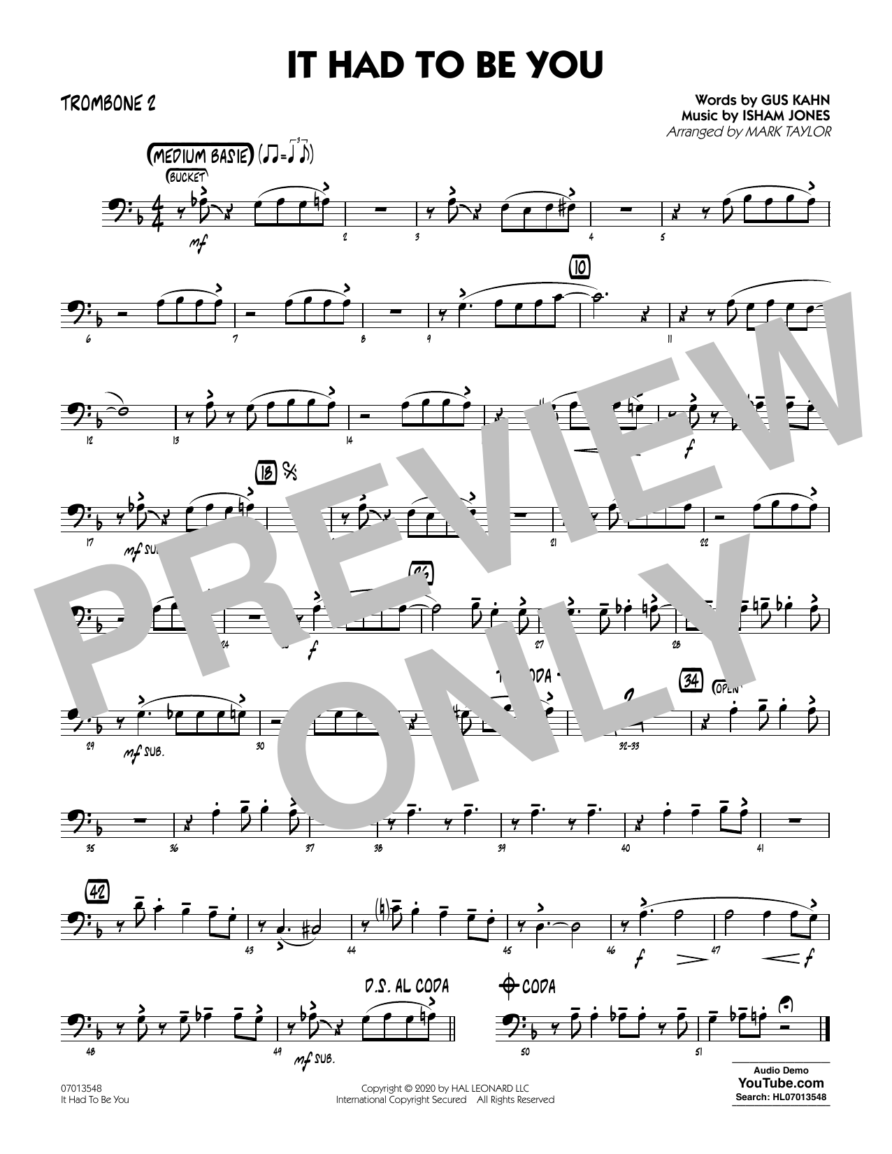 Isham Jones and Gus Kahn It Had to Be You (arr. Mark Taylor) - Trombone 2 Sheet Music Notes & Chords for Jazz Ensemble - Download or Print PDF