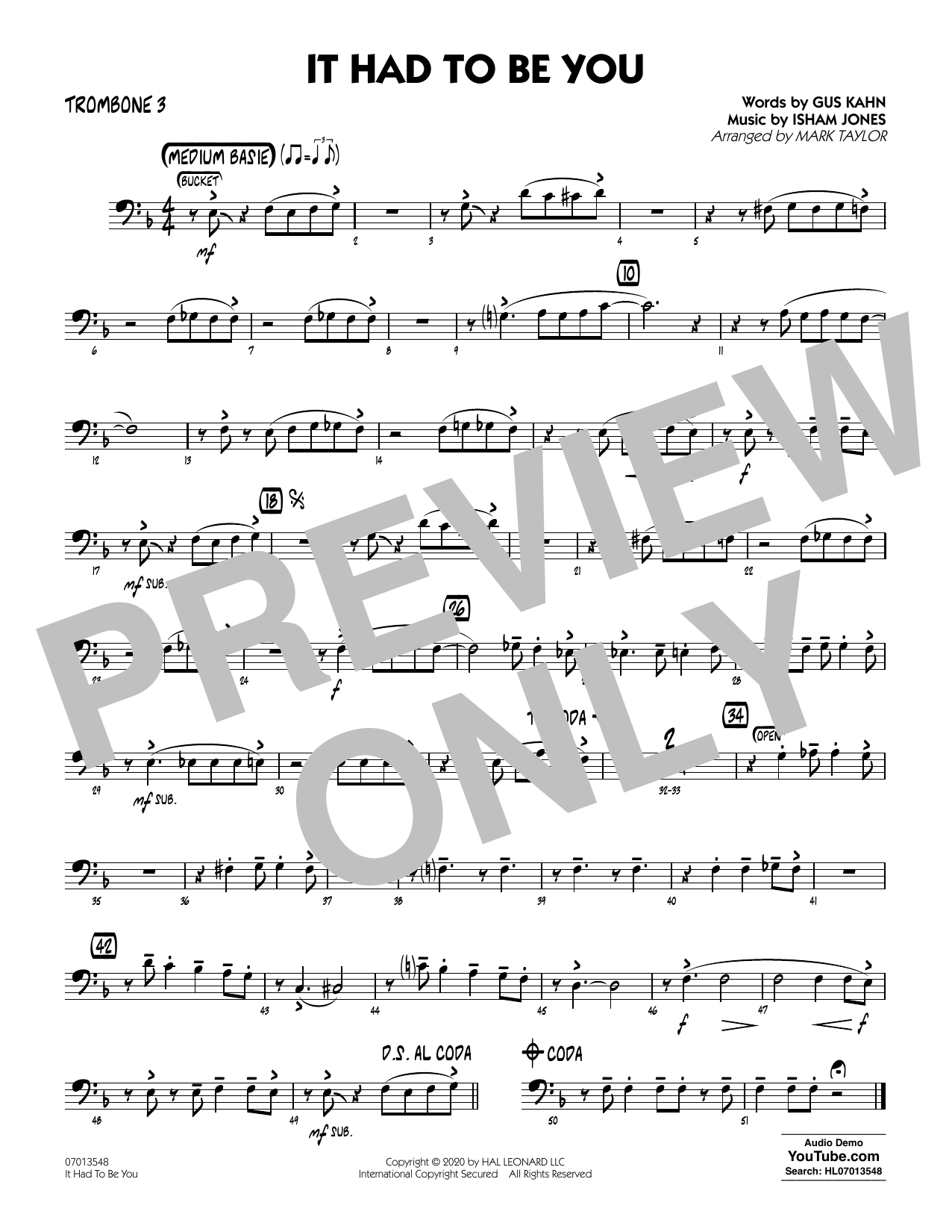 Isham Jones and Gus Kahn It Had to Be You (arr. Mark Taylor) - Trombone 3 Sheet Music Notes & Chords for Jazz Ensemble - Download or Print PDF