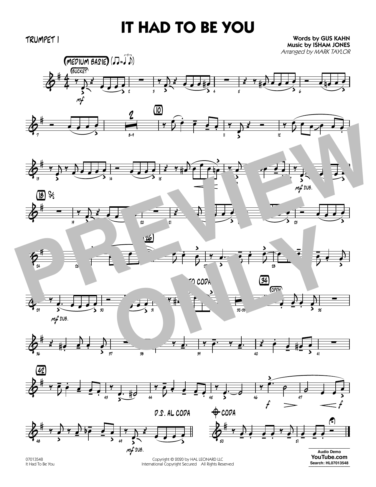 Isham Jones and Gus Kahn It Had to Be You (arr. Mark Taylor) - Trumpet 1 Sheet Music Notes & Chords for Jazz Ensemble - Download or Print PDF