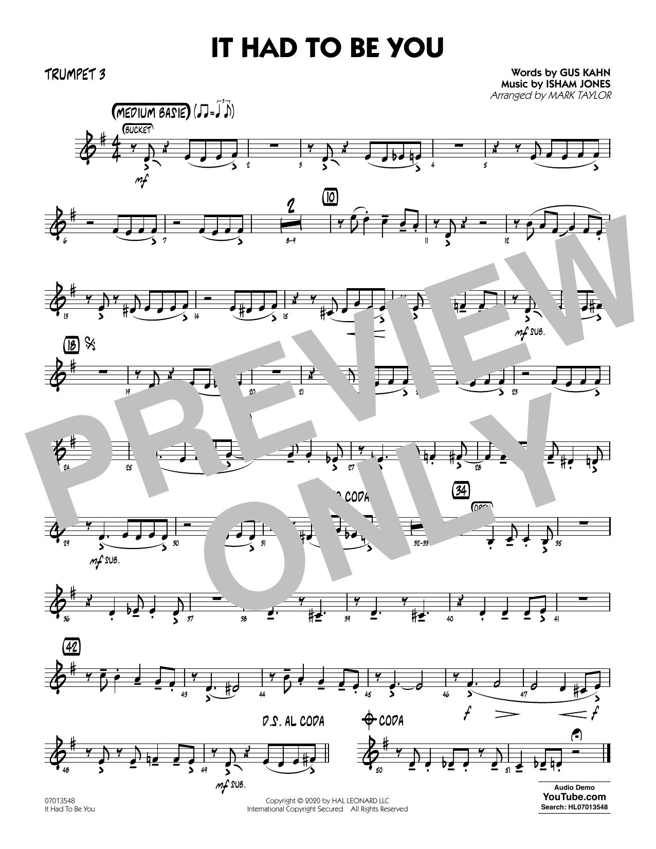 Isham Jones and Gus Kahn It Had to Be You (arr. Mark Taylor) - Trumpet 3 Sheet Music Notes & Chords for Jazz Ensemble - Download or Print PDF