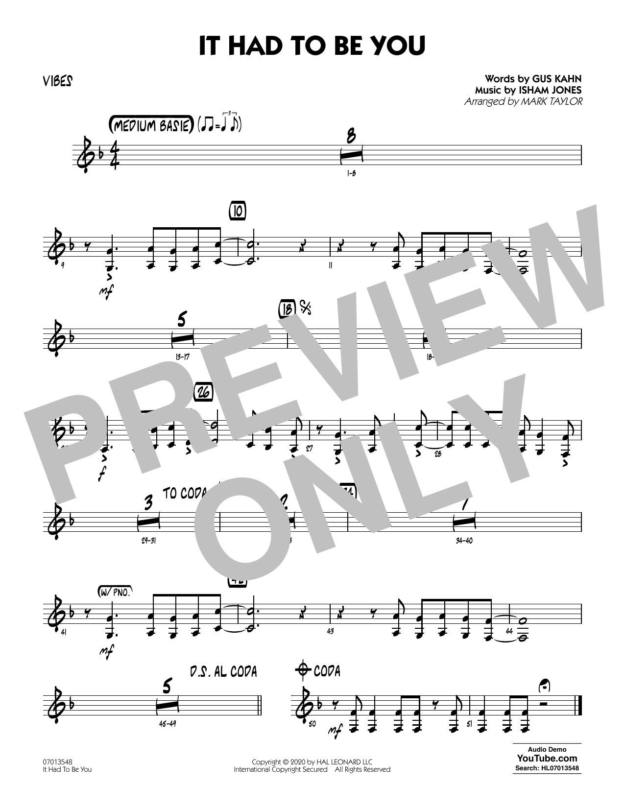 Isham Jones and Gus Kahn It Had to Be You (arr. Mark Taylor) - Vibes Sheet Music Notes & Chords for Jazz Ensemble - Download or Print PDF