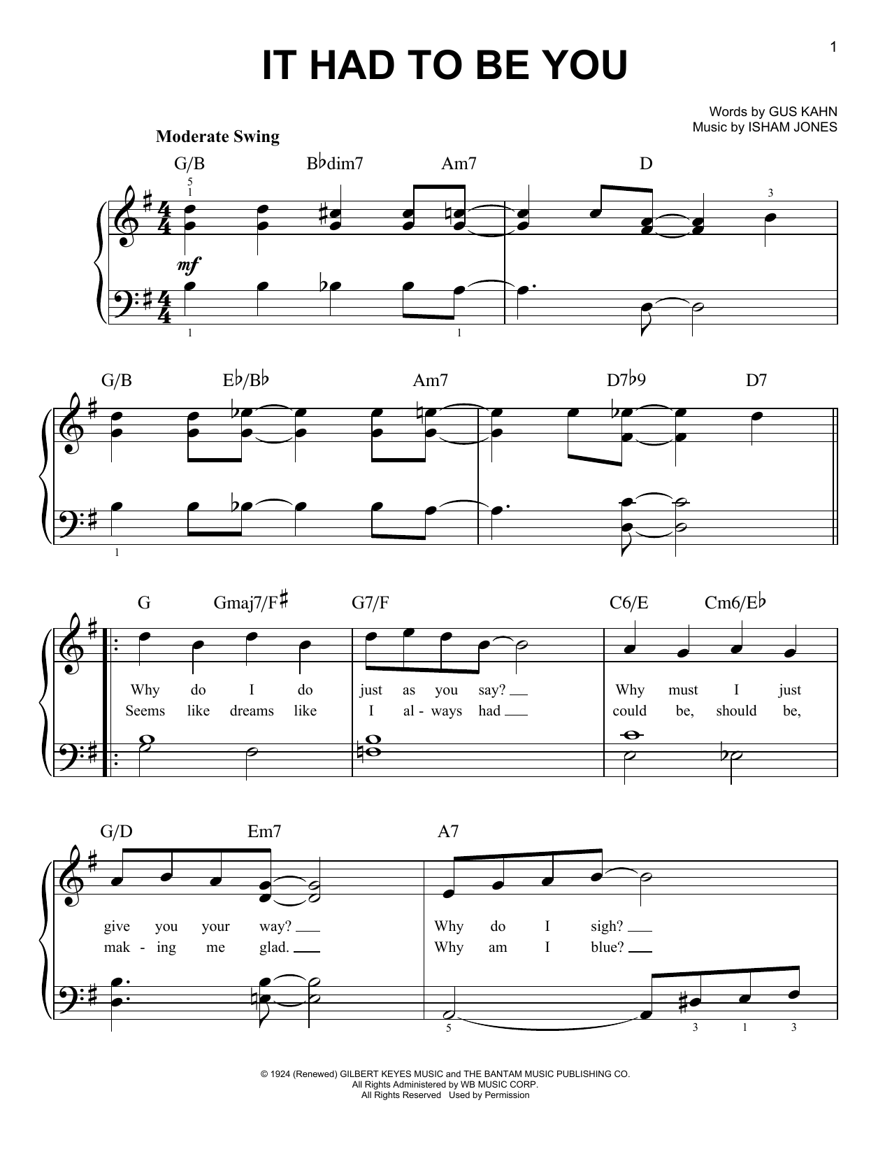 Preview Isham Jones It Had To Be You Jazz sheet music, notes and chords for Easy Piano, SKU: 99288 It Had To Be You sheet music