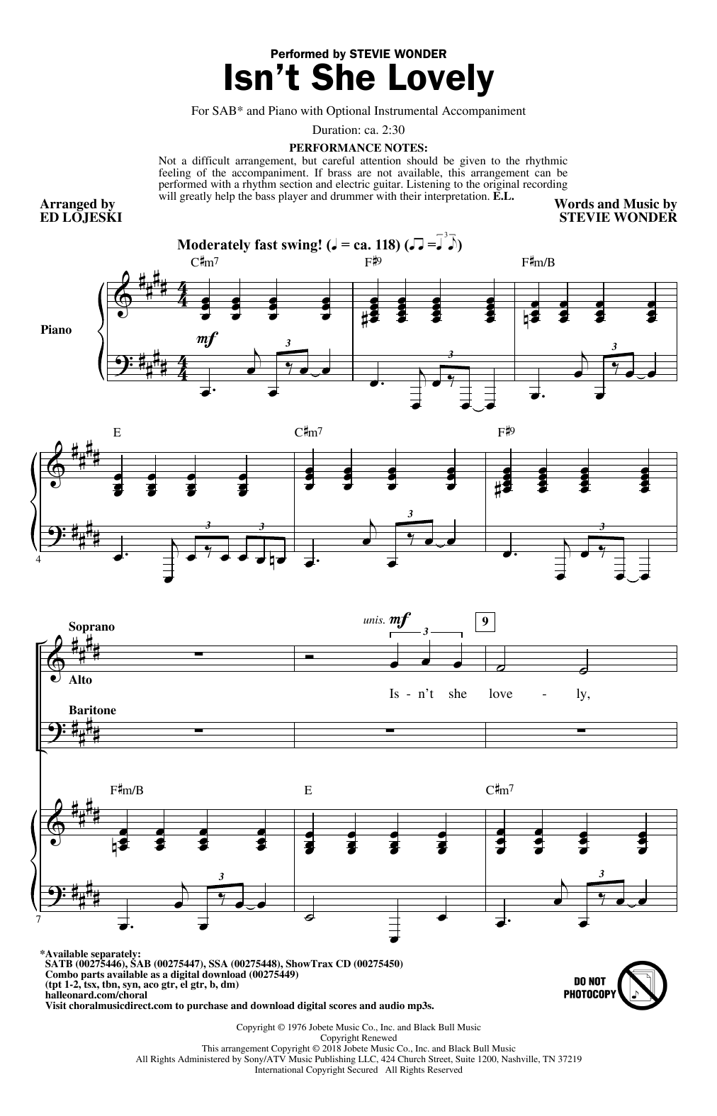 Stevie Wonder Isn T She Lovely Arr Ed Lojeski Sheet Music Download Pdf Score 253030